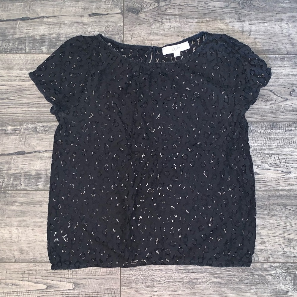 Ann Taylor LOFT All Black Short Sleeve See-Through Eyelet Lace Blouse